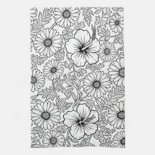 Elegant Black White Floral Line Art Pattern (4) Tea Towel