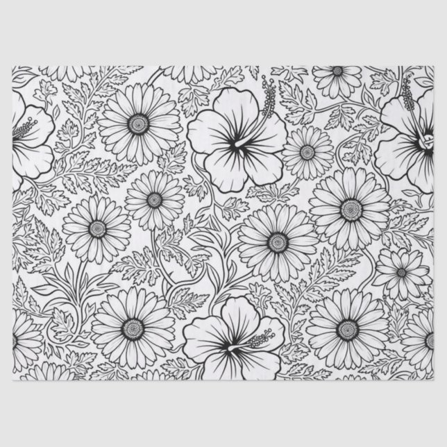 Elegant Black White Floral Line Art Pattern (4) Tissue Paper (Front)