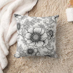 Elegant Black White Floral Line Art Pattern (5) Cushion