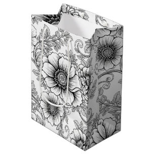 Elegant Black White Floral Line Art Pattern (5) Medium Gift Bag