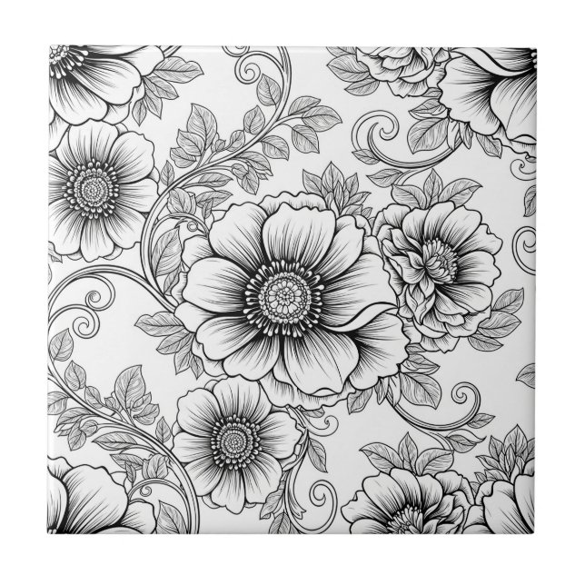 Elegant Black White Floral Line Art Pattern (5) Tile (Front)