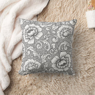 Elegant Black White Floral Line Art Pattern (6) Cushion
