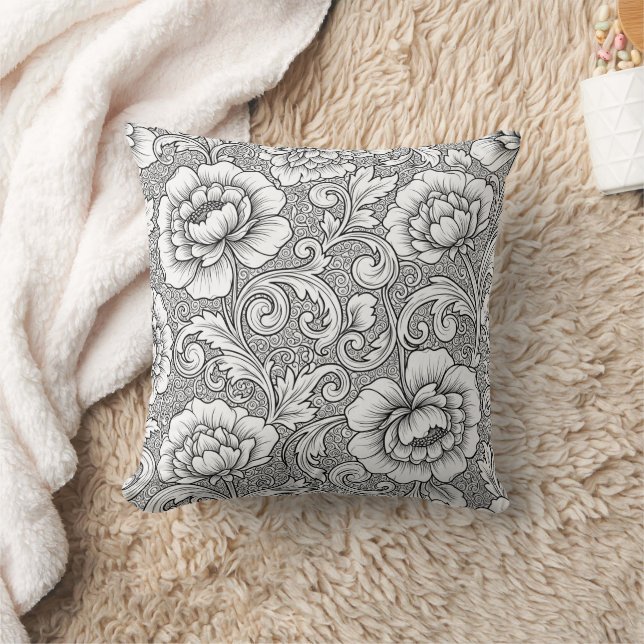 Elegant Black White Floral Line Art Pattern (6) Cushion (Blanket)