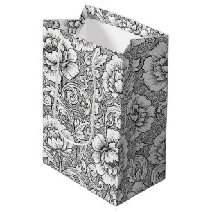 Elegant Black White Floral Line Art Pattern (6) Medium Gift Bag