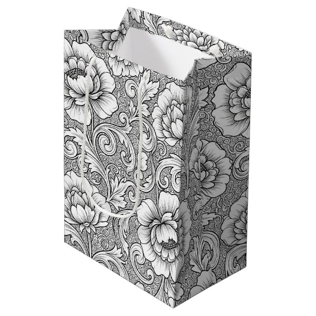 Elegant Black White Floral Line Art Pattern (6) Medium Gift Bag (Front Angled)