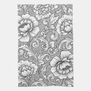Elegant Black White Floral Line Art Pattern (6) Tea Towel