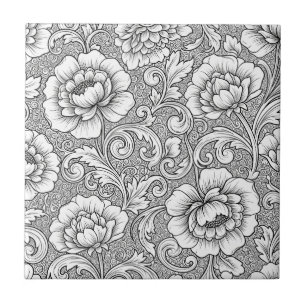 Elegant Black White Floral Line Art Pattern (6) Tile
