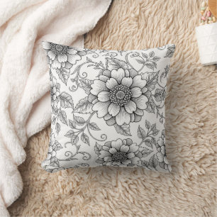 Elegant Black White Floral Line Art Pattern (7) Cushion