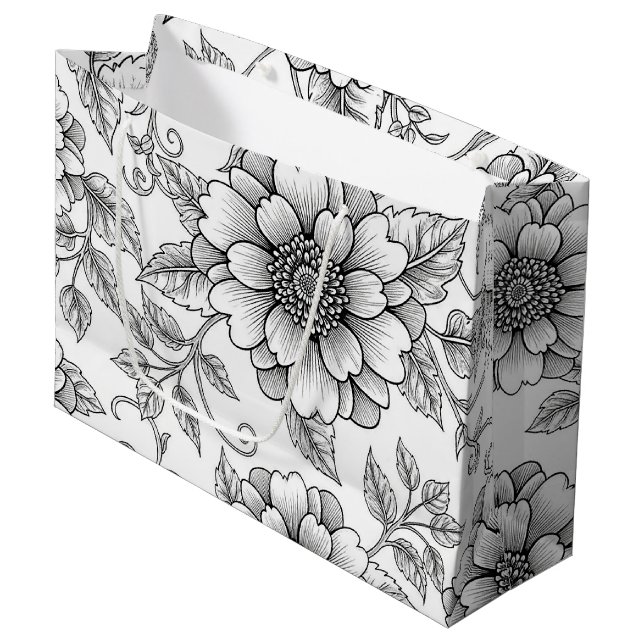Elegant Black White Floral Line Art Pattern (7) Large Gift Bag (Front Angled)