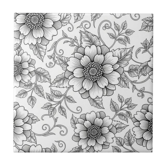 Elegant Black White Floral Line Art Pattern (7) Tile (Front)