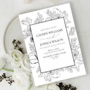 Elegant Black White Floral Line Art Wedding Invitation