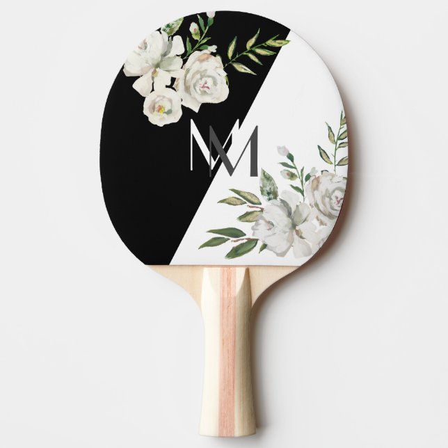 Elegant Black & White Floral Monogram Initials  Ping Pong Paddle (Front)