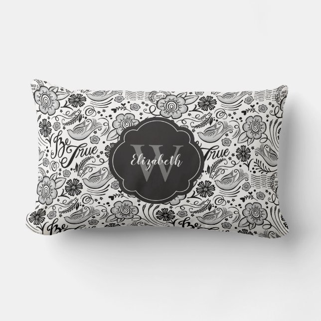 Elegant Black White Floral Monogram Pillow (Front)