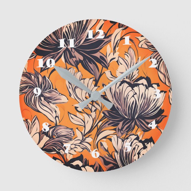 Elegant Black & White Floral Pattern on Mustard Go Round Clock (Front)