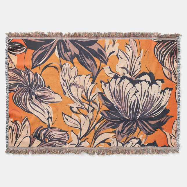 Elegant Black & White Floral Pattern on Mustard Go Throw Blanket (Front)