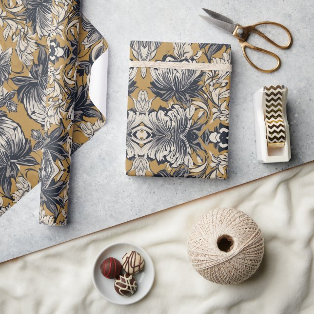 Elegant Black & White Floral Pattern on Mustard Go Wrapping Paper (Crafts)