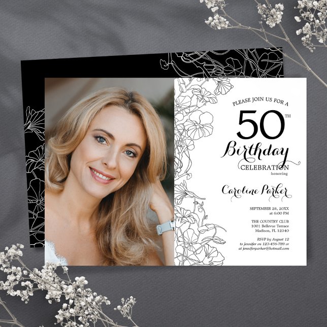 Elegant Black White Floral Photo 50th Birthday Invitation (Creator Uploaded)