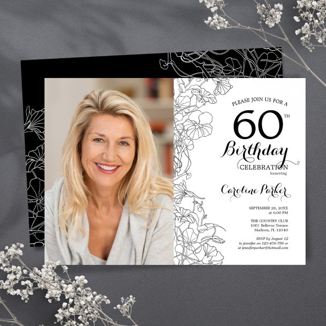 Elegant Black White Floral Photo 60th Birthday Invitation (Creator Uploaded)