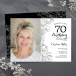 Elegant Black White Floral Photo 70th Birthday Invitation<br><div class="desc">Black white floral 70th birthday party invitation with your photo on the front of the card. Elegant modern design featuring botanical outline drawings accents and typography script font. Simple trendy invite card perfect for a stylish female bday celebration. Can be customised to any age. Printed Zazzle invitations or instant download...</div>