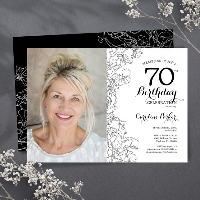 Elegant Black White Floral Photo 70th Birthday Invitation (Creator Uploaded)