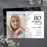 Elegant Black White Floral Photo 80th Birthday Invitation<br><div class="desc">Black white floral 80th birthday party invitation with your photo on the front of the card. Elegant modern design featuring botanical outline drawings accents and typography script font. Simple trendy invite card perfect for a stylish female bday celebration. Can be customised to any age. Printed Zazzle invitations or instant download...</div>