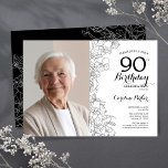 Elegant Black White Floral Photo 90th Birthday Invitation<br><div class="desc">Black white floral 90th birthday party invitation with your photo on the front of the card. Elegant modern design featuring botanical outline drawings accents, faux gold foil and typography script font. Simple trendy invite card perfect for a stylish female bday celebration. Can be customised to any age. Printed Zazzle invitations...</div>