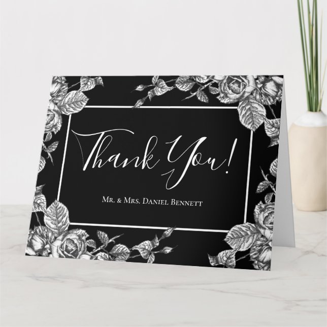 Elegant Black White Floral Photo Sentiment  Thank You Card (Front)
