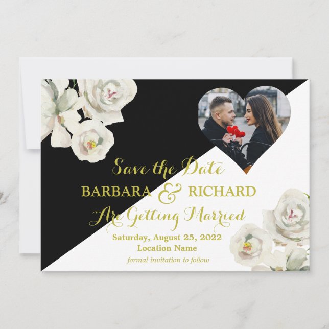 Elegant Black White Floral Photo Wedding Save Date Invitation (Front)