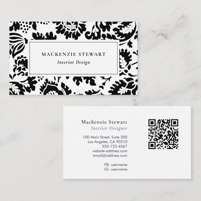 Elegant Black White Floral Professional Business Card (Front/Back)