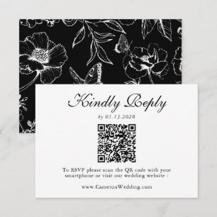 Elegant Black White Floral QR Code Wedding RSVP  Card