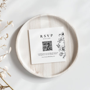 Elegant Black   White Floral QR Code Wedding RSVP Enclosure Card