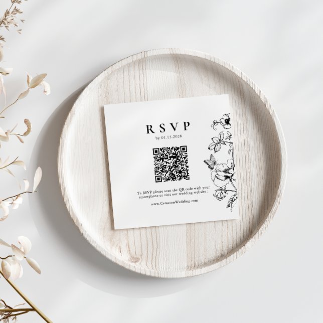 Elegant Black | White Floral QR Code Wedding RSVP Enclosure Card (Creator Uploaded)