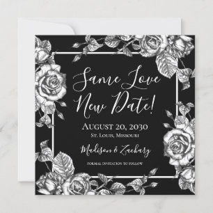 Elegant Black White Floral Same Love New Date Invitation