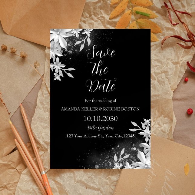 Elegant Black & White Floral Save the Date Invitation (Creator Uploaded)