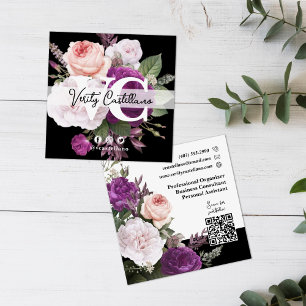 Elegant Black & White Floral Simple Personal Square Business Card