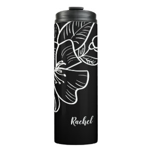 Elegant Black & White Floral Stylish Custom Name Thermal Tumbler