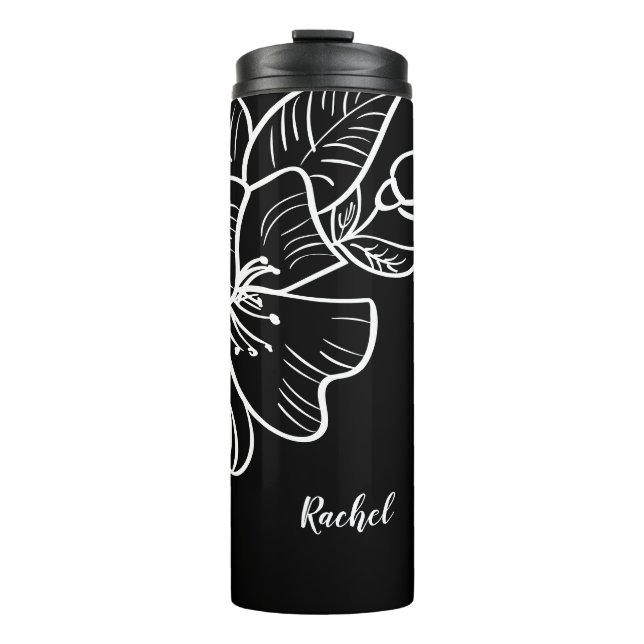 Elegant Black & White Floral Stylish Custom Name Thermal Tumbler (Front)