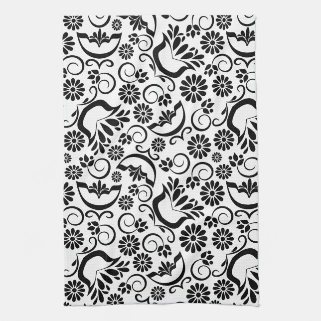Elegant black white floral Towel (Vertical)