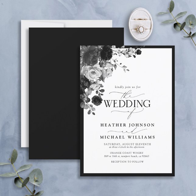 Elegant Black & White Floral Watercolor Script Invitation (Creator Uploaded)