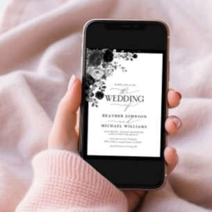 Elegant Black & White Floral Watercolor Script Invitation