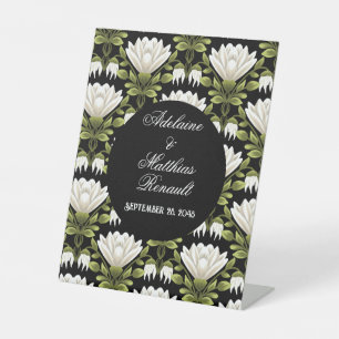 Elegant Black & White Floral Wedding: Calligraphy Pedestal Sign