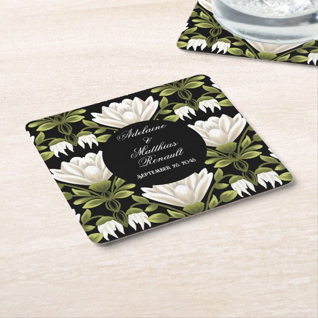 Elegant Black & White Floral Wedding: Calligraphy  Square Paper Coaster (Angled)