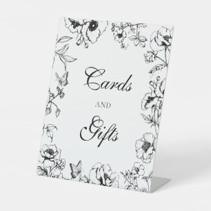Elegant Black White Floral Wedding Cards Gifts  Pedestal Sign