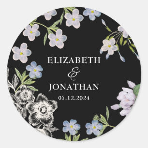 Elegant Black & White Floral Wedding  Classic Round Sticker