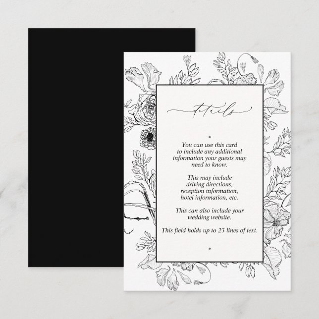 Elegant Black White Floral Wedding Details Enclosure Card (Front/Back)