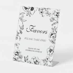 Elegant Black White Floral Wedding Favors Pedestal Sign