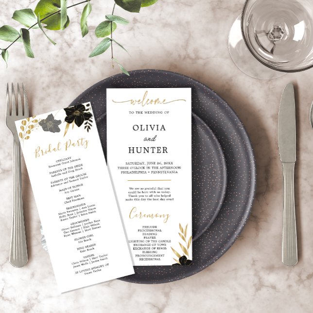 Elegant Black & White Floral Wedding Party Program Programme (Elegant Black & White Floral Wedding Party Program)