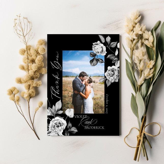 Elegant Black & White Floral Wedding Photo Thank You Card (Creator Uploaded)