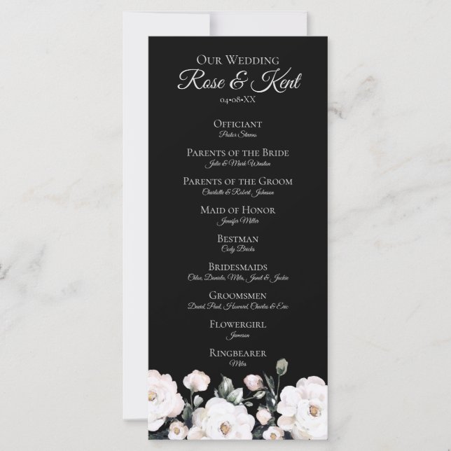 Elegant Black White Floral Wedding Program (Front)