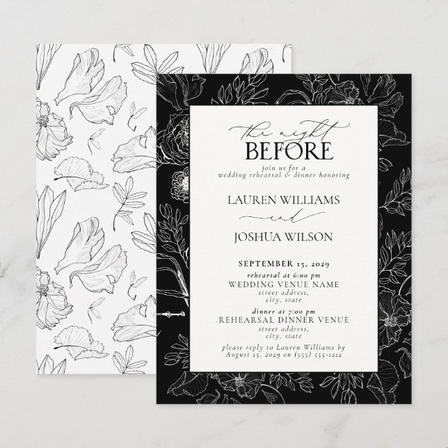 Elegant Black White Floral Wedding Rehearsal Invitation (Front/Back)